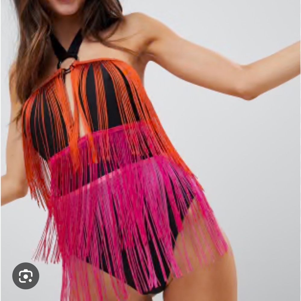 ASOS Design Black Swimsuit Pink and Orange Fringe Festival Bright Pop Layered